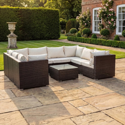 B&Q -  Oliena 8 Seat Modular Rattan Small U-Shape Garden FurnitureBrown