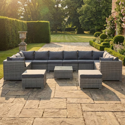 B&Q -  Oliena 12 Seat Modular Rattan Large U-Shape Garden FurnitureGrey