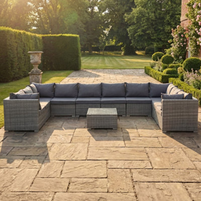 B&Q -  Oliena 10 Seat Modular Rattan Large U-Shape Garden FurnitureGrey