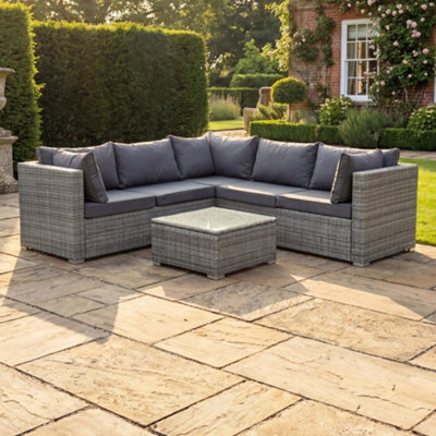 B&Q -  Oliena 5 Seat Modular Rattan L-Shaped Corner Garden FurnitureGrey