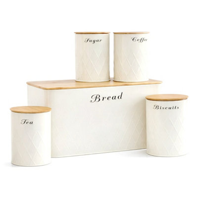 B&Q -  5Pc Cream Bamboo Lid Kitchen Canister Storage Tin Set Bread Biscuits Tea Sugar Coffee