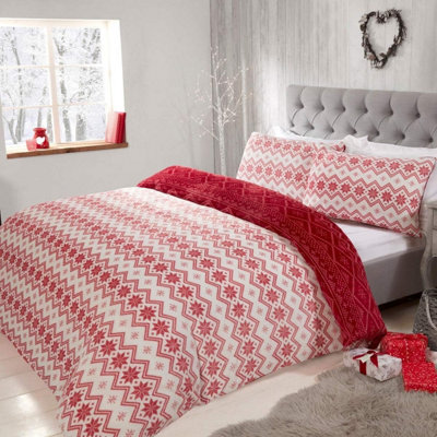 B&Q Smart Living Super Soft Christmas Reversible Duvet Cover With Pillowcase - Cozy Winter Bedding Red/White/Grey