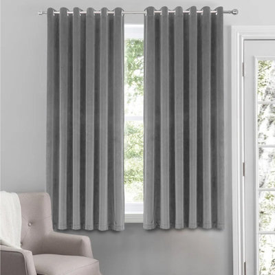 B&Q -  Velvet Ring Top Curtains- Fully Lined Dim Out Blackout PairUltra Soft Thermal Curtains (Grey46 X 54 Inch)