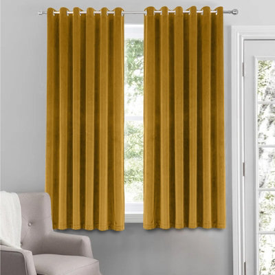 B&Q -  Velvet Ring Top Curtains- Fully Lined Dim Out Blackout PairUltra Soft Thermal Curtains (Ochre46 X 54 Inch)