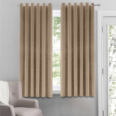 B&Q -  Velvet Ring Top Curtains- Fully Lined Dim Out Blackout PairUltra Soft Thermal Curtains (Beige66 X 54 Inch)