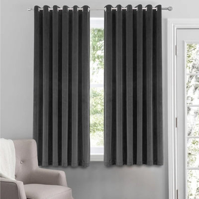 B&Q -  Velvet Ring Top Curtains- Fully Lined Dim Out Blackout PairUltra Soft Thermal Curtains (Charcoal66X54 Inch)
