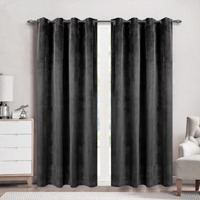 B&Q -  Velvet Ring Top Curtains- Fully Lined Dim Out Blackout PairUltra Soft Thermal Curtains (Charcoal66X72 Inch)