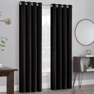 B&Q -  Velvet Ring Top Curtains- Fully Lined Dim Out Blackout PairUltra Soft Thermal Curtains (Black66 X 90 Inch)