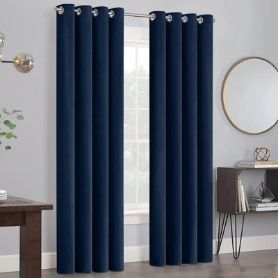 B&Q -  Velvet Ring Top Curtains- Fully Lined Dim Out Blackout PairUltra Soft Thermal Curtains (Navy66 X 90 Inch)