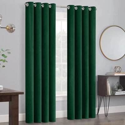 B&Q -  Velvet Ring Top Curtains- Fully Lined Dim Out Blackout PairUltra Soft Thermal Curtains (Emerald66 X 90 Inch)