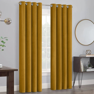 B&Q -  Velvet Ring Top Curtains- Fully Lined Dim Out Blackout PairUltra Soft Thermal Curtains (Ochre66 X 90 Inch)