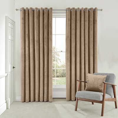 B&Q -  Velvet Ring Top Curtains- Fully Lined Dim Out Blackout PairUltra Soft Thermal Curtains (Beige90 X 90 Inch)