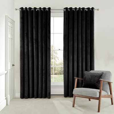 B&Q -  Velvet Ring Top Curtains- Fully Lined Dim Out Blackout PairUltra Soft Thermal Curtains (Black90 X 90 Inch)