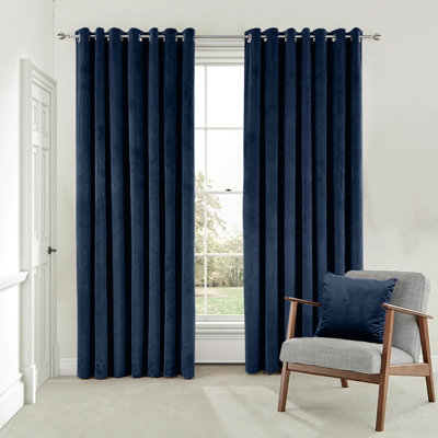 B&Q -  Velvet Ring Top Curtains- Fully Lined Dim Out Blackout PairUltra Soft Thermal Curtains (Navy90 X 90 Inch)