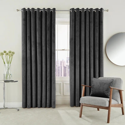 B&Q -  Velvet Ring Top Curtains- Fully Lined Dim Out Blackout PairUltra Soft Thermal Curtains (Charcoal,90X90 Inch)