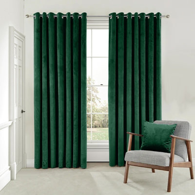 B&Q -  Velvet Ring Top Curtains- Fully Lined Dim Out Blackout PairUltra Soft Thermal Curtains (Emerald90 X 90 Inch)