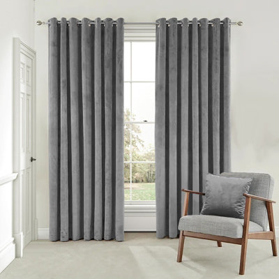B&Q -  Velvet Ring Top Curtains- Fully Lined Dim Out Blackout PairUltra Soft Thermal Curtains (Grey90 X 90 Inch)