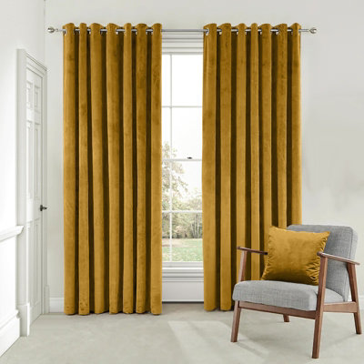B&Q -  Velvet Ring Top Curtains- Fully Lined Dim Out Blackout PairUltra Soft Thermal Curtains (Ochre90 X 90 Inch)