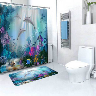 B&Q Easylife Mould Free Shower Curtain + Free Bathmat - Dolphin