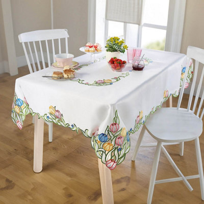 Casa Bonita Spring Floral Rectangular Tablecloth With Embroidered Tulip Design100% Polyester Satin130 X 160Cm