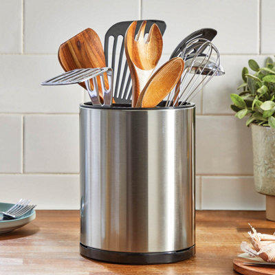 Basilico Rotating Stainless Steel Utensil Bucket Kitchen Sink Tidy Countertop Cutlery Wipe Clean Stainless Steel Utensils Caddy