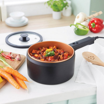 Copper King Rapid Pot Electric Saucepan With Cool-Touch Sides, Boil, Fry, Cook, Stir-Fry, Reheat, Warm, Removable Glass Lid, 1.4L, 600W