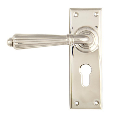 From The Anvil Polished Nickel Hinton Lever Euro Lock Set from B&Q