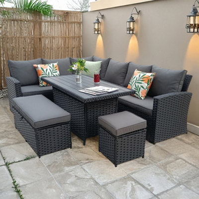  - Rosen 9 Seater Black Rattan Garden Dining Set With Storage Bench And Stool