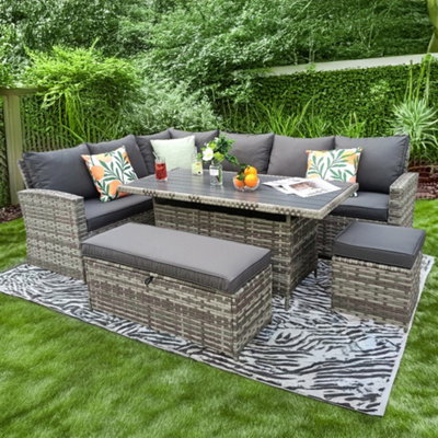  - Rosen 9 Seater Grey Rattan Garden Dining Set With Storage Bench And Stool