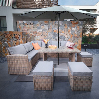  - Rosen 9 Seater Rattan Corner Sofa Dining Table With Parasol Set Nature