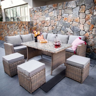  - Rosen 9 Seater Rattan Corner Sofa Dining Table With Parasol Hole Set Nature
