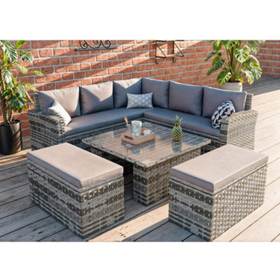  - Rosen 9 Seater Rattan Dining Corner Sofa Set With Rising Table In Grey With Rain Cover