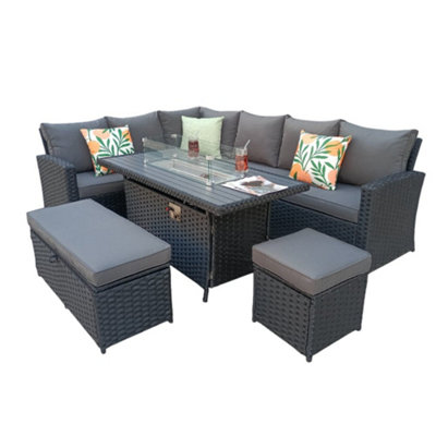  - 9 Seater Rattan Garden Furniture Corner Sofa Set With Aluminum Fire Pit Dining