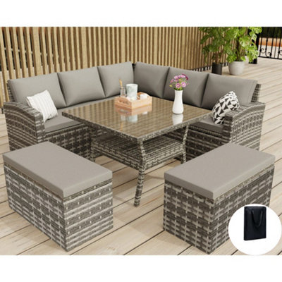  - Rosen 9 Seater Rattan Garden Furniture Cube Dining Set In Grey No Rain Cover
