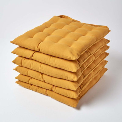 Homescapes Mustard Seat Pads Or Cotton Chair Cushions 40X40 Cm, Set Of 6 Plain Chair Pads For Dining, Kitchen Or Outdoor Yellow