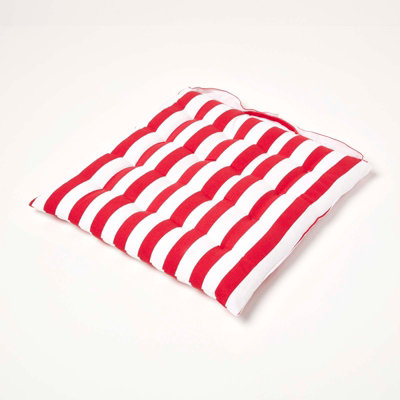 Homescapes Stripe Seat Pad With Button Straps 100% Cotton 40 X 40 Cm Red