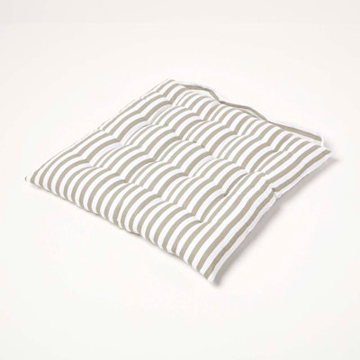 Homescapes Stripe Seat Pad With Button Straps 100% Cotton 40 X 40 Cm Grey