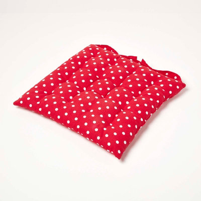Homescapes Polka Dot Seat Pad With Button Straps 100% Cotton 40 X 40 Cm Red