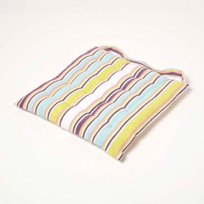 Homescapes Oska Stripe Seat Pad With Button Straps 100% Cotton 40 X 40 Cm Green