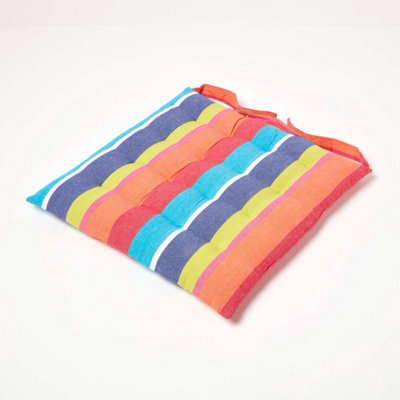 Homescapes Multi Stripe Seat Pad With Button Straps 100% Cotton 40 X 40 Cm