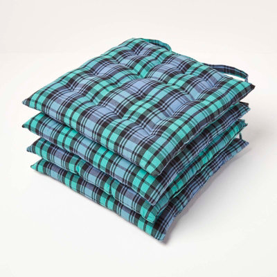Homescapes Blackwatch Tartan Seat Pad With Button Straps 100% Cotton 40 X 40 Cm Set Of 4