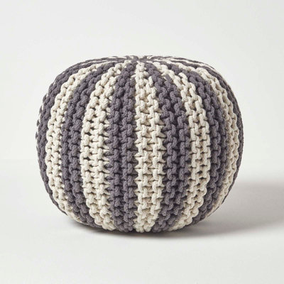 Homescapes Off And Knitted Pouffe Striped Footstool 35 X 40 Cm White/Grey