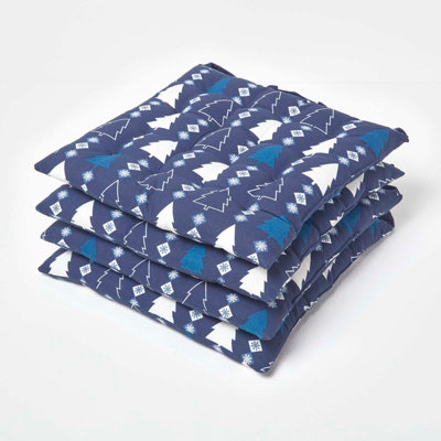 Homescapes Winterland Christmas Seat Pad Set Of 4 Cotton 40 X 40 Cm Blue