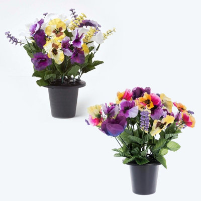 Homescapes Artificial Grave Flowers Set Of 2 Purple & Yellow Handcrafted Pansy & Roses Flowers In Grave Vases30 X 25 Cm from B&Q