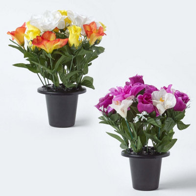 Homescapes Artificial Grave Flowers Set Of 2 PurpleOrange& White Handcrafted Roses & Peonies In Grave Vases30 X 25 Cm from B&Q