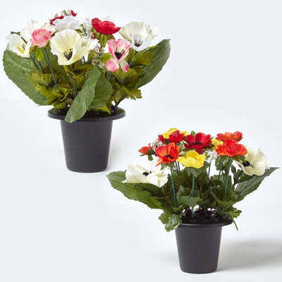 Homescapes Artificial Grave Flowers Set Of 2 PinkOrange & Red Handcrafted Anemone Flowers In Grave Vases30 X 25 Cm from B&Q