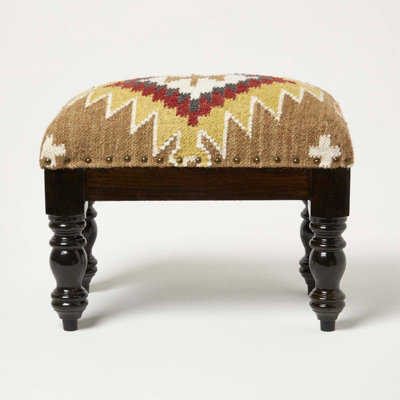 Homescapes Jaipur Handwoven Kilim Footstool 50 X 30 Cm Brown/Red/Yellow