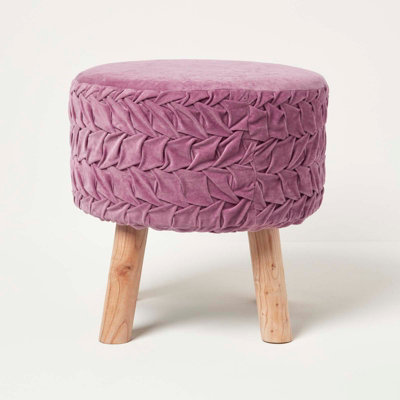 Homescapes Lyla Pleated Velvet Footstool, 40 Cm Tall Lilac