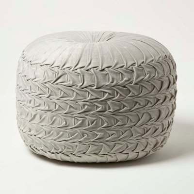 Homescapes Grey Grace Pleated Velvet Pouffe