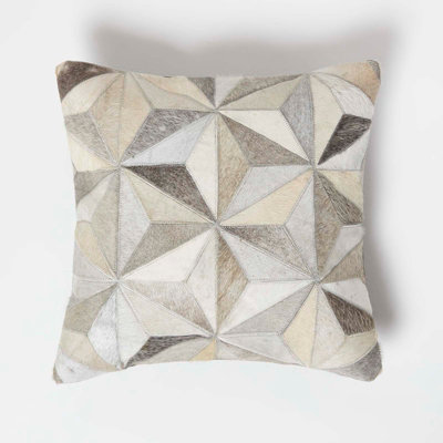 Homescapes Geometric Star Leather Cushion 45 X 45 Cm Grey